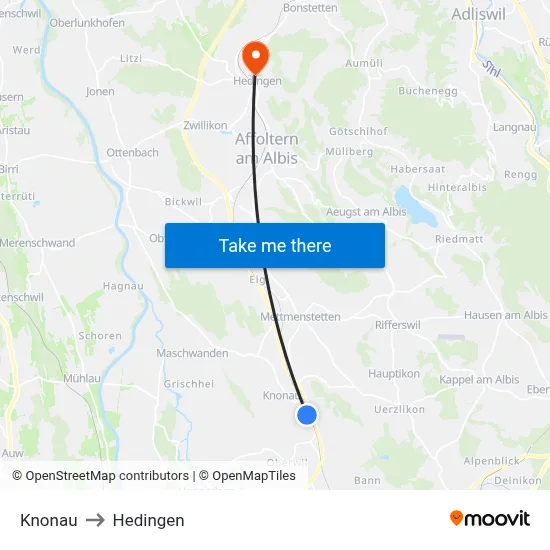 Knonau to Hedingen map