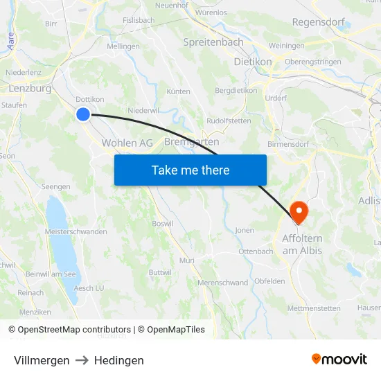 Villmergen to Hedingen map