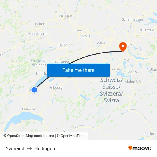 Yvonand to Hedingen map