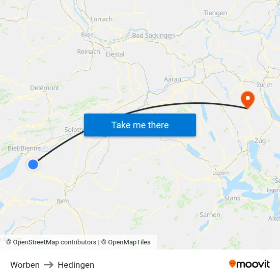 Worben to Hedingen map