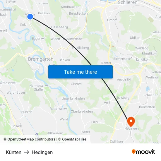 Künten to Hedingen map