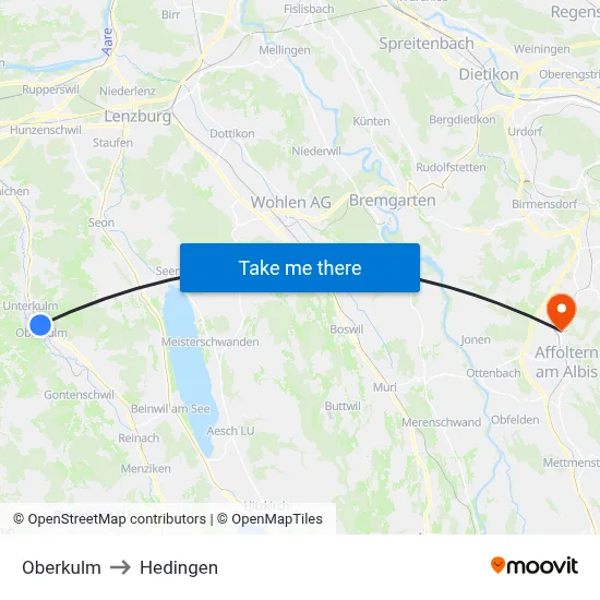 Oberkulm to Hedingen map