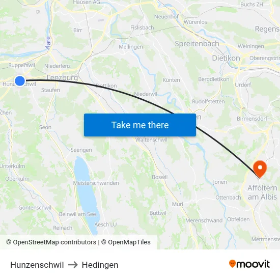 Hunzenschwil to Hedingen map