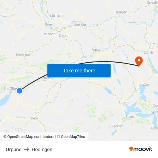 Orpund to Hedingen map