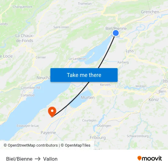 Biel/Bienne to Vallon map