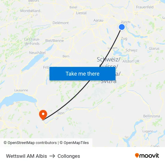 Wettswil AM Albis to Collonges map