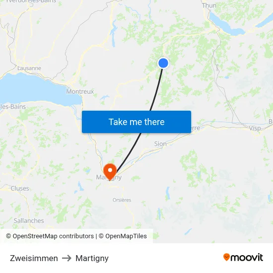 Zweisimmen to Martigny map