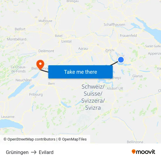 Grüningen to Evilard map