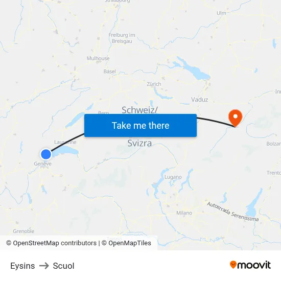 Eysins to Scuol map