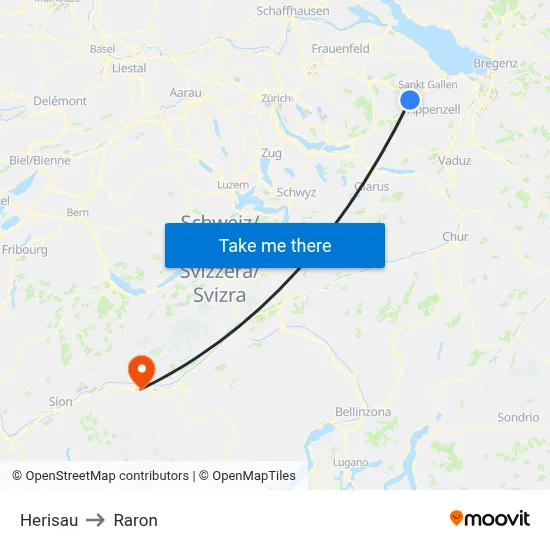 Herisau to Raron map