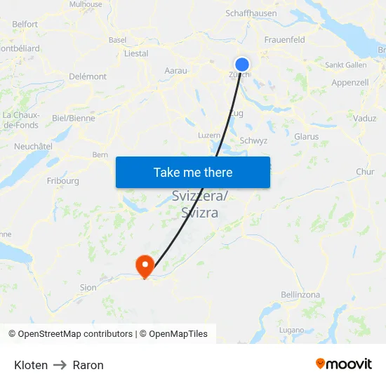 Kloten to Raron map
