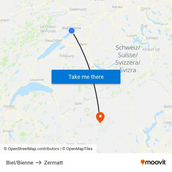 Biel/Bienne to Zermatt map
