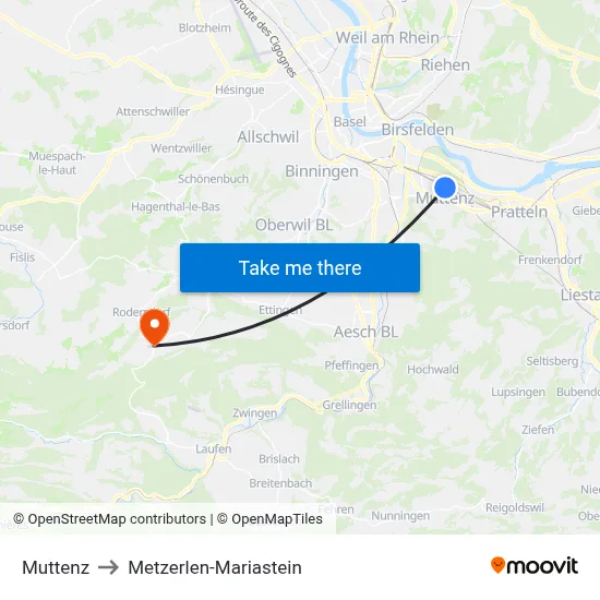 Muttenz to Metzerlen-Mariastein map