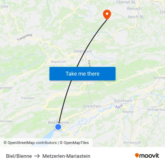 Biel/Bienne to Metzerlen-Mariastein map