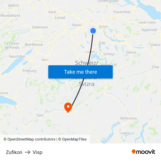 Zufikon to Visp map