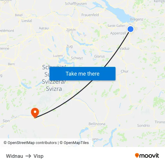 Widnau to Visp map