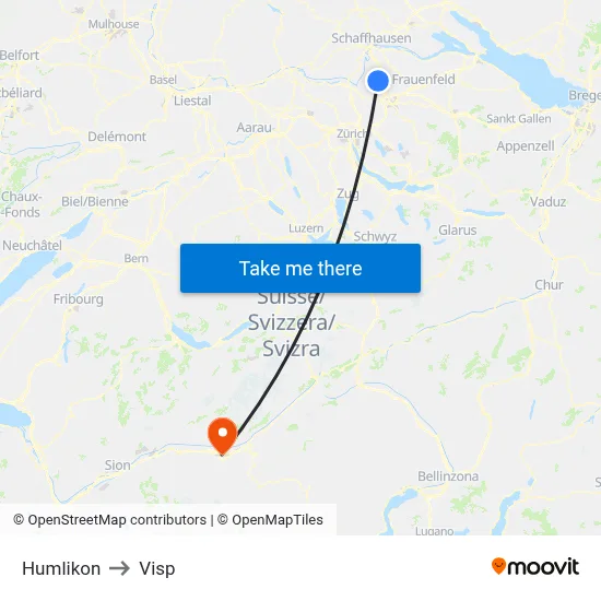 Humlikon to Visp map