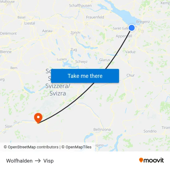 Wolfhalden to Visp map