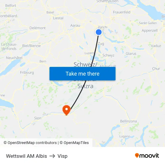 Wettswil AM Albis to Visp map