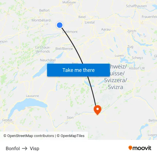 Bonfol to Visp map