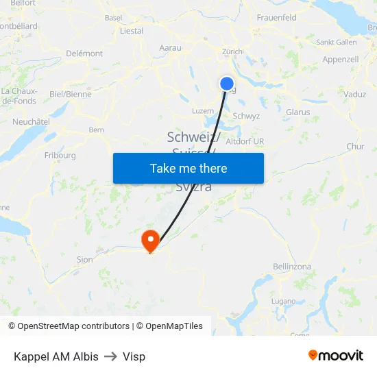 Kappel AM Albis to Visp map