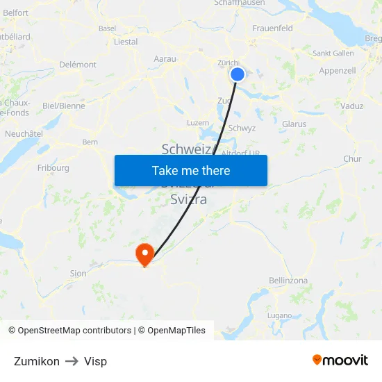 Zumikon to Visp map