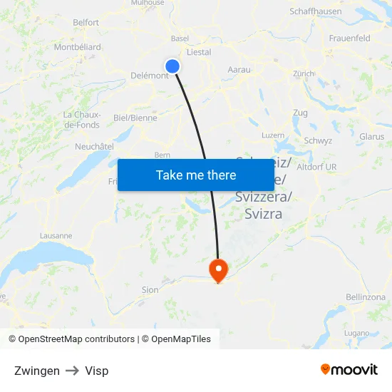 Zwingen to Visp map