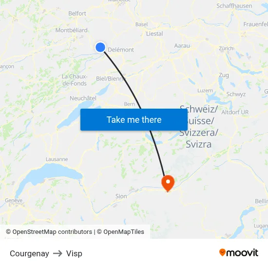 Courgenay to Visp map