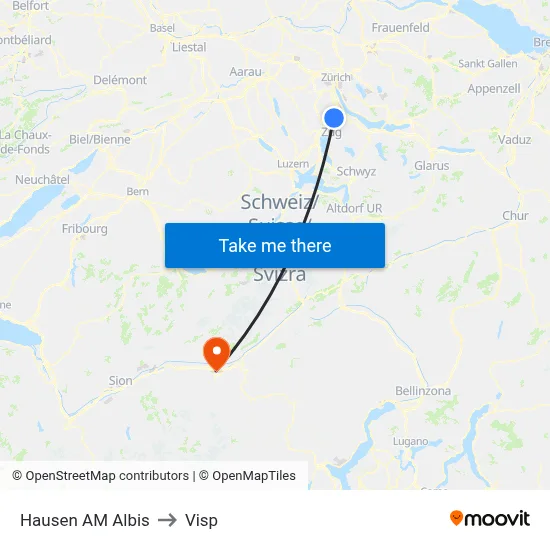 Hausen AM Albis to Visp map