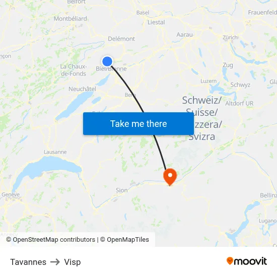 Tavannes to Visp map