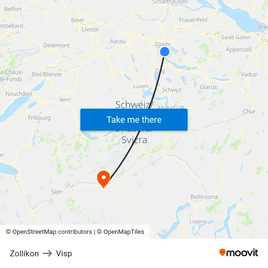 Zollikon to Visp map