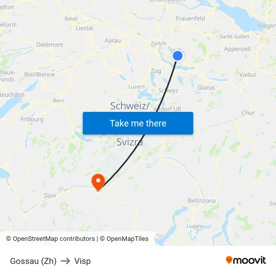 Gossau (Zh) to Visp map