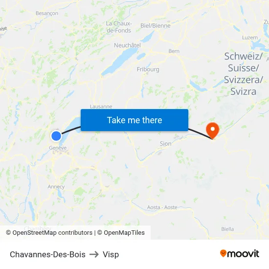 Chavannes-Des-Bois to Visp map