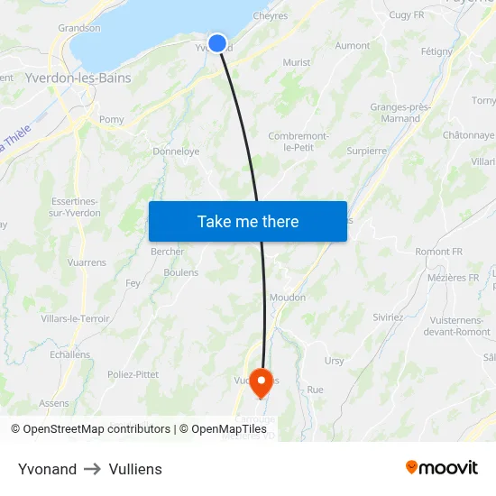 Yvonand to Vulliens map