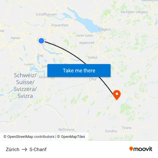 Zürich to S-Chanf map