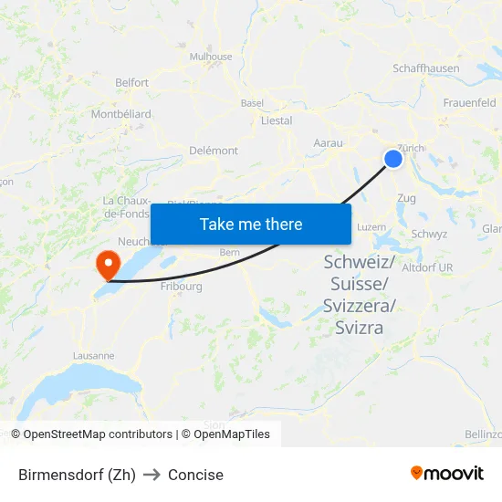 Birmensdorf (Zh) to Concise map