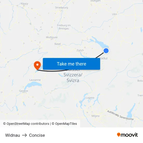 Widnau to Concise map