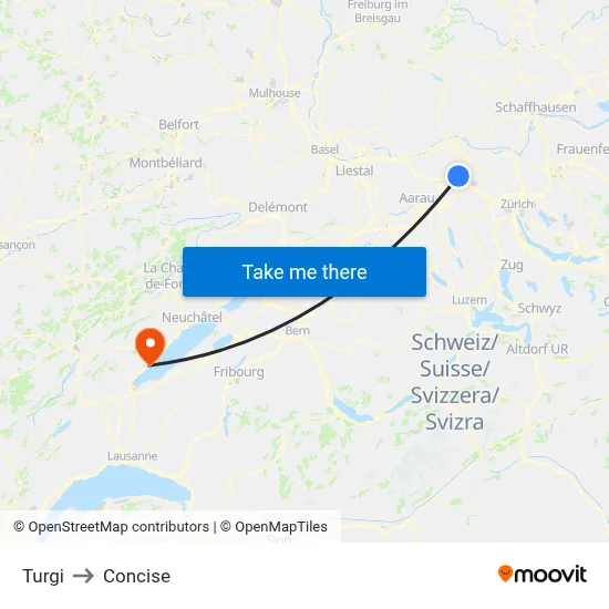 Turgi to Concise map