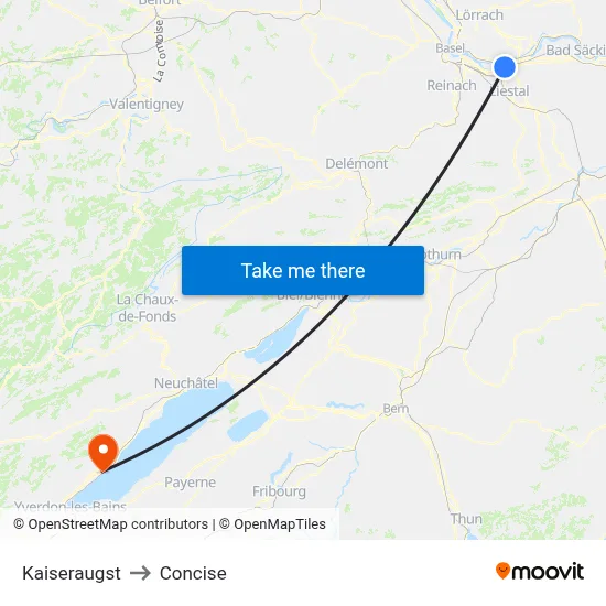 Kaiseraugst to Concise map