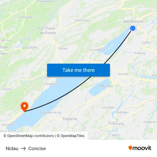 Nidau to Concise map