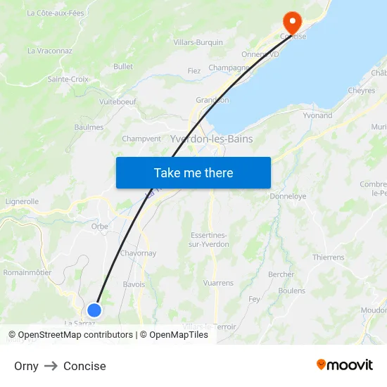 Orny to Concise map