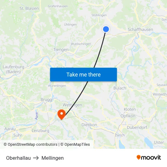 Oberhallau to Mellingen map