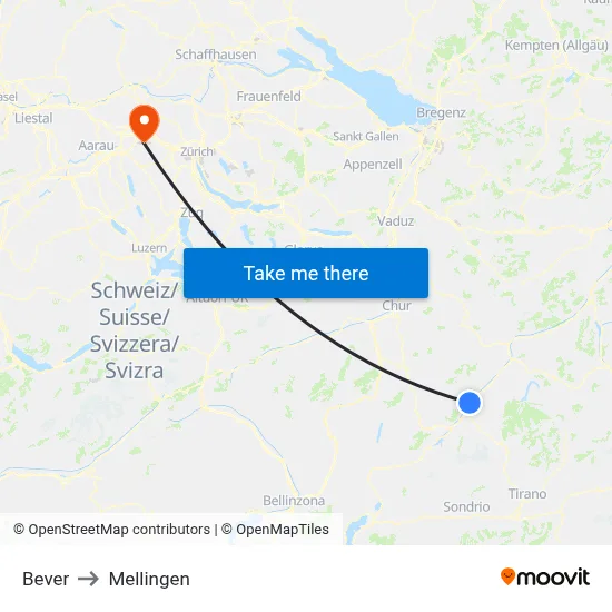 Bever to Mellingen map