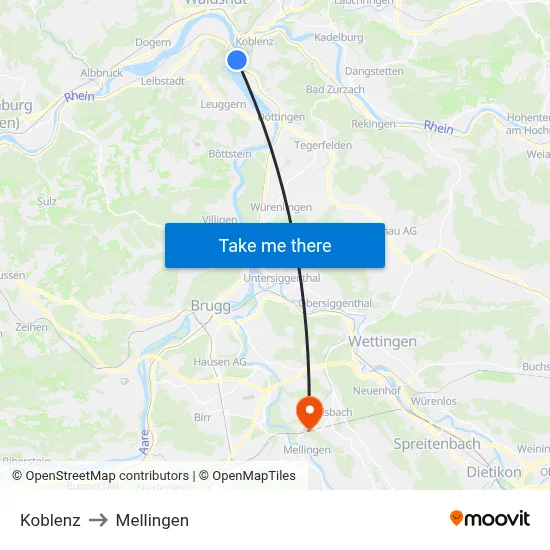 Koblenz to Mellingen map
