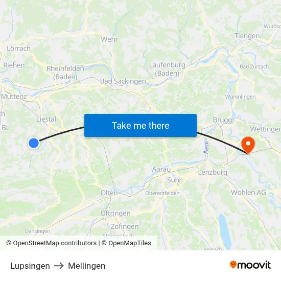 Lupsingen to Mellingen map