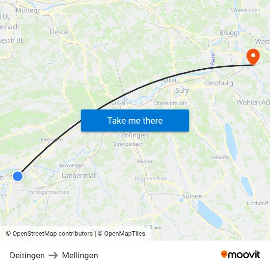 Deitingen to Mellingen map