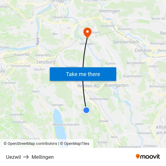 Uezwil to Mellingen map