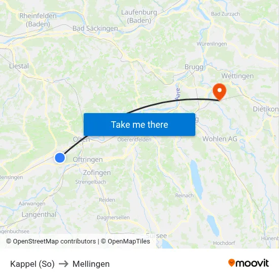 Kappel (So) to Mellingen map