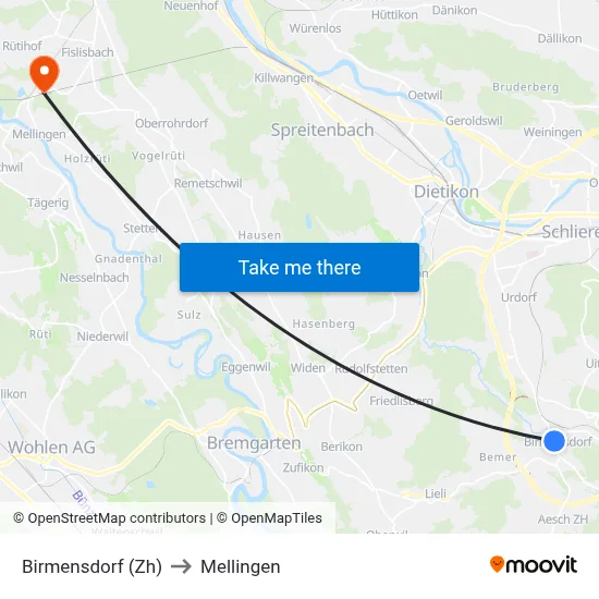 Birmensdorf (Zh) to Mellingen map