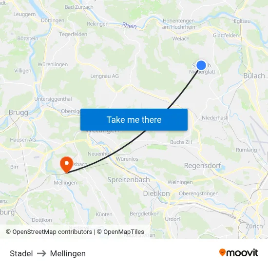 Stadel to Mellingen map